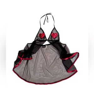 Fredericks of Hollywood Black Sheer Red Sequin Hearts Open Hook Front Babydoll M